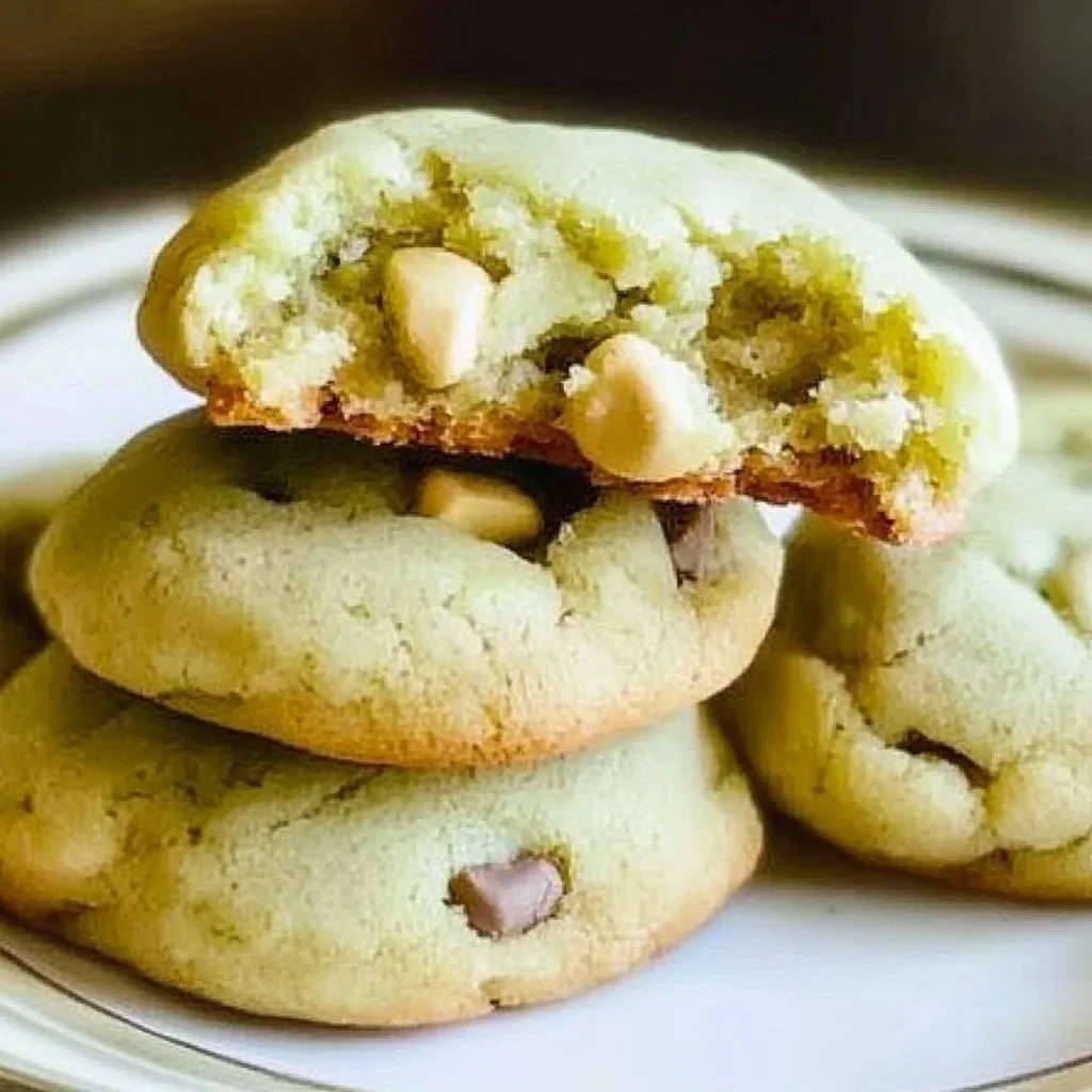 Plate of delicious pistachio pudding cookies with green sprinkles