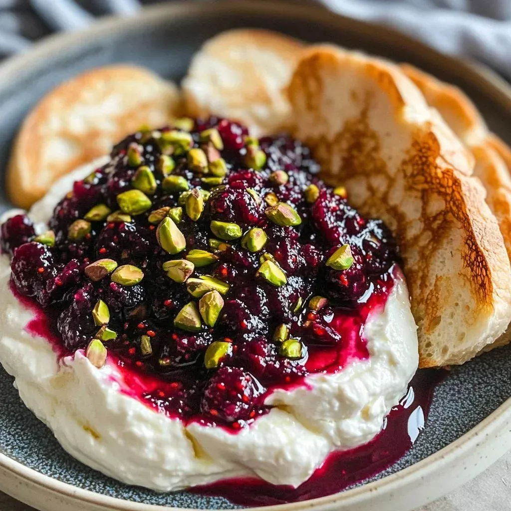 Pomegranate Pistachio Whipped Feta Spread in a bowl garnished with pomegranate seeds and nuts