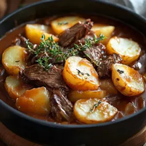Delicious potato-topped beef stew served in a bowl