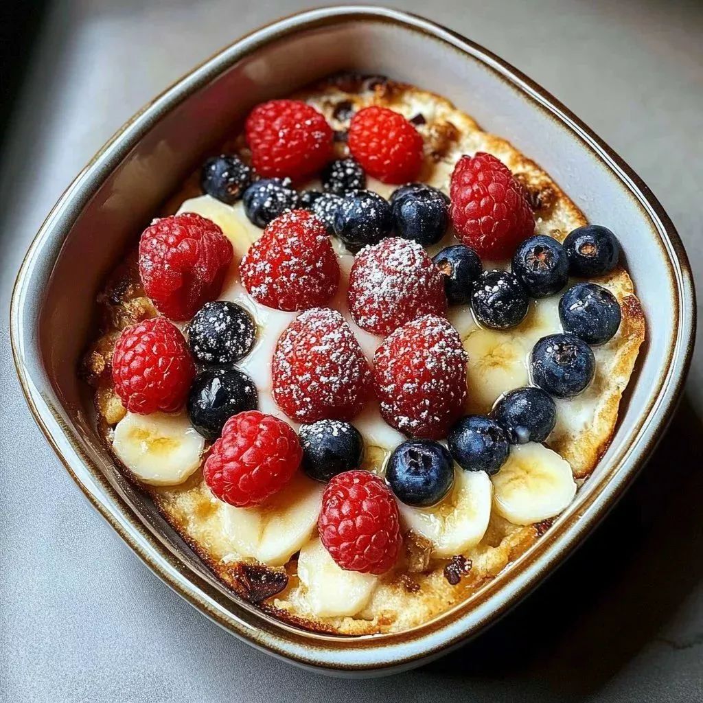 Protein packed pancake bowl topped with fresh fruits and nuts