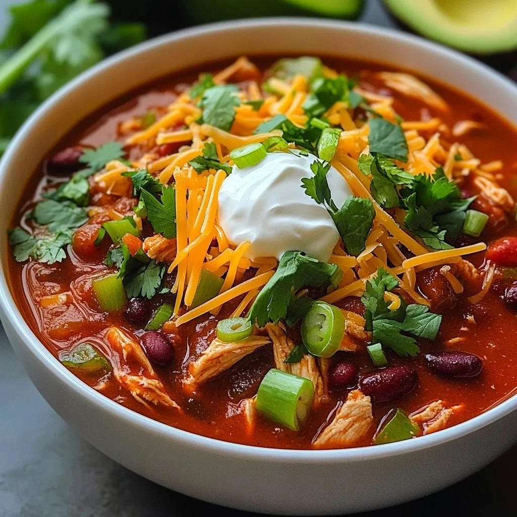 Bowl of protein-rich chicken chili topped with fresh herbs