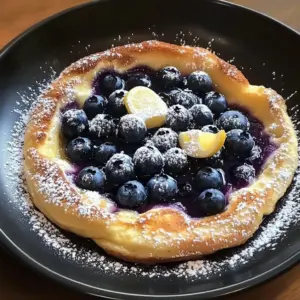 Delicious puffy lemon blueberry Dutch Baby fresh from the oven