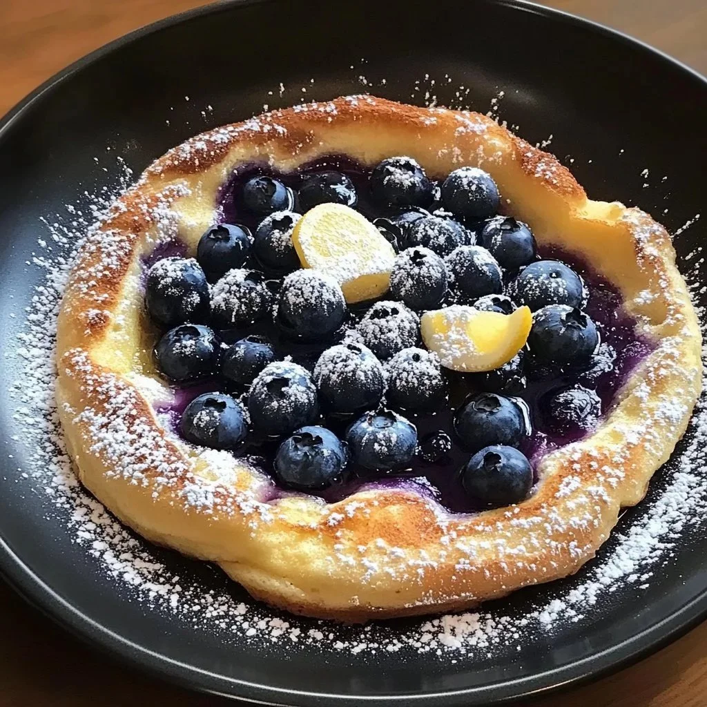 Delicious puffy lemon blueberry Dutch Baby fresh from the oven