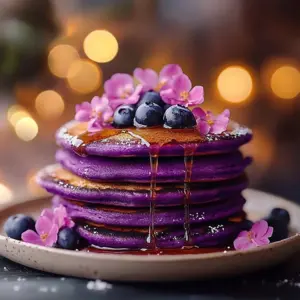 Fluffy purple yam mochi pancakes topped with syrup and berries
