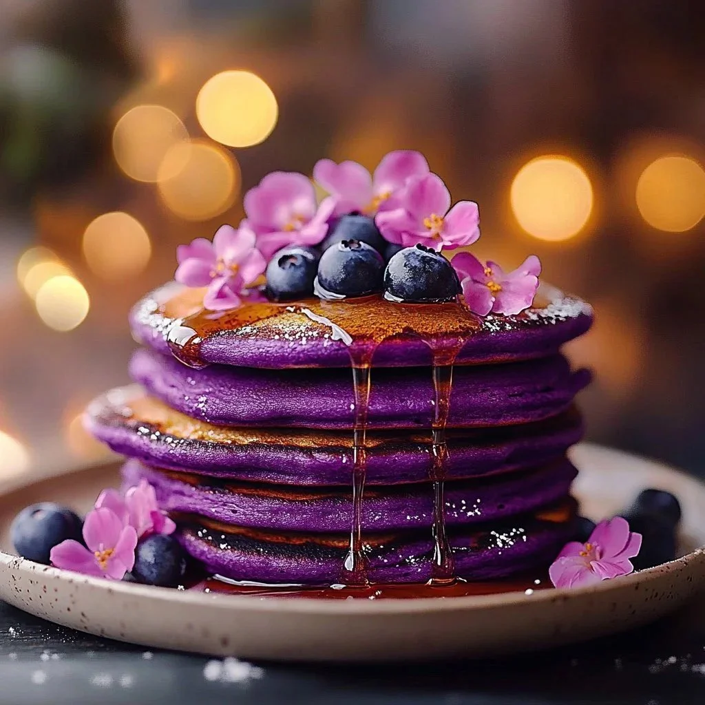 Fluffy purple yam mochi pancakes topped with syrup and berries