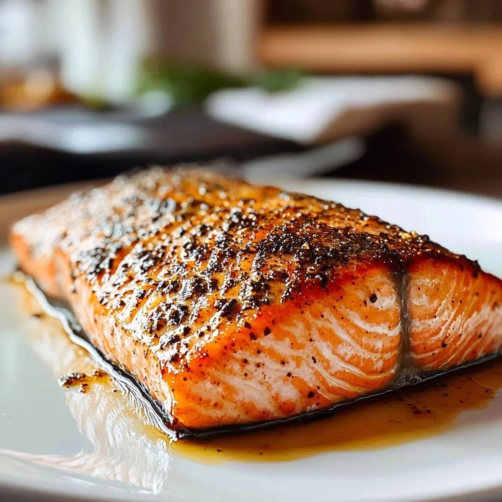 Delicious air fryer salmon served on a plate with herbs and lemon.