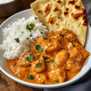 Plate of homemade butter chicken served with rice and naan bread.