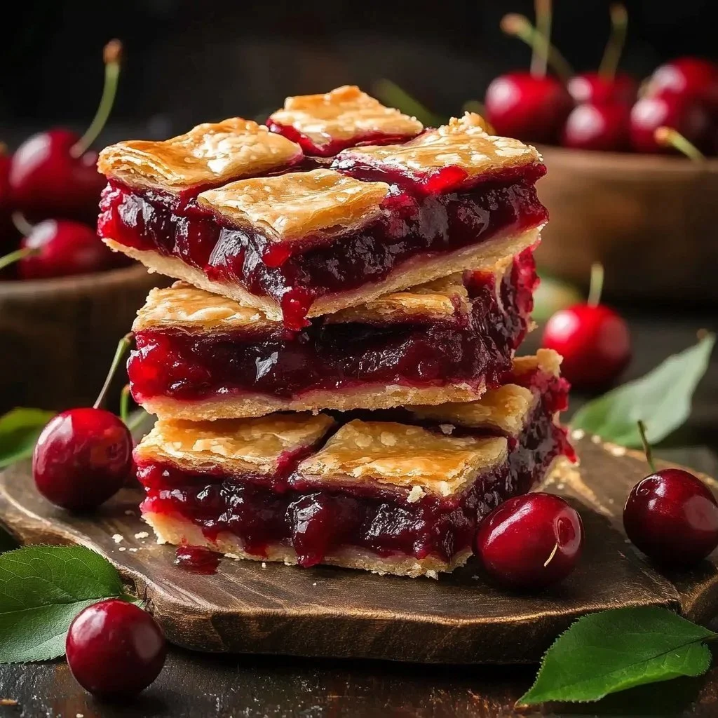 Delicious quick cherry pie bars dessert served on a plate