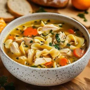 Bowl of quick chicken noodle soup with vegetables and noodles