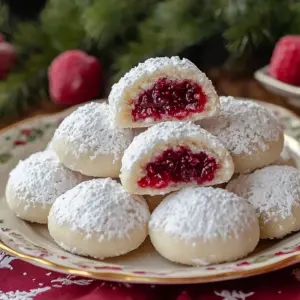 Raspberry-Almond Snow Cookies dusted with powdered sugar, served on a festive platter.