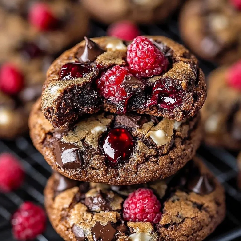 Delicious Raspberry Chocolate Cookies with chunks of chocolate and raspberries