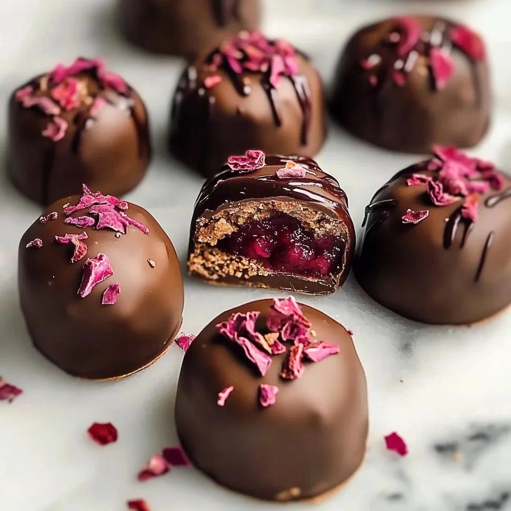 Delicious Raspberry Rose Cocoa Truffles nestled in a decorative box