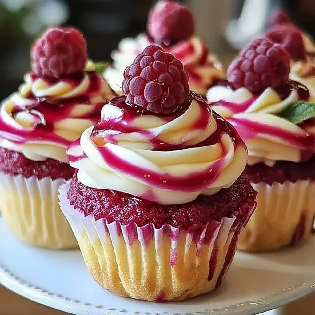Raspberry swirl cheesecake cupcakes topped with creamy frosting