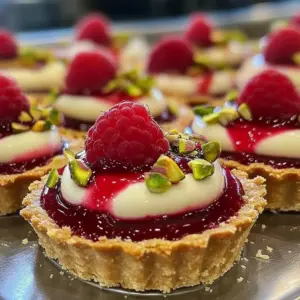 Raspberry White Chocolate Tartlets beautifully presented on a dessert platter