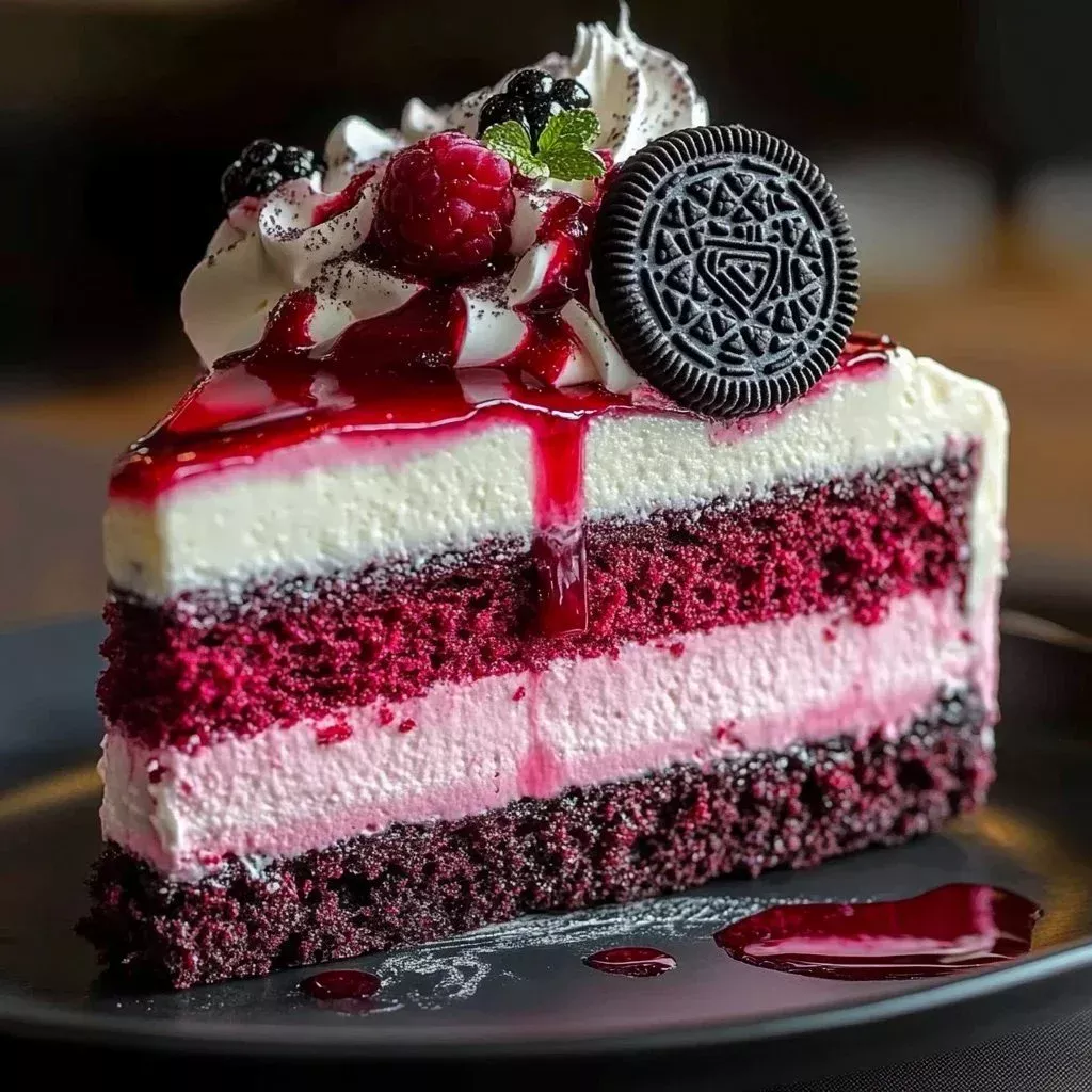 Slice of Red Velvet Oreo Cheesecake Delight on a plate with chocolate drizzle
