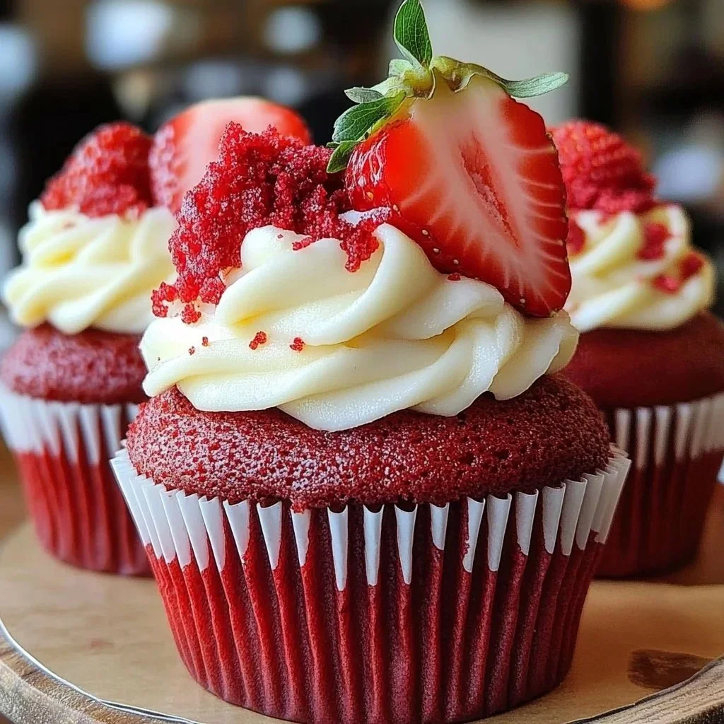 Red velvet strawberry cheesecake cupcakes topped with fresh strawberries