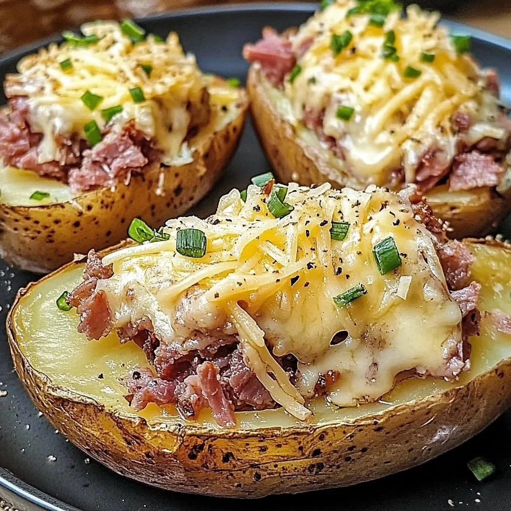 Reuben-style stuffed potatoes topped with sauerkraut and corned beef