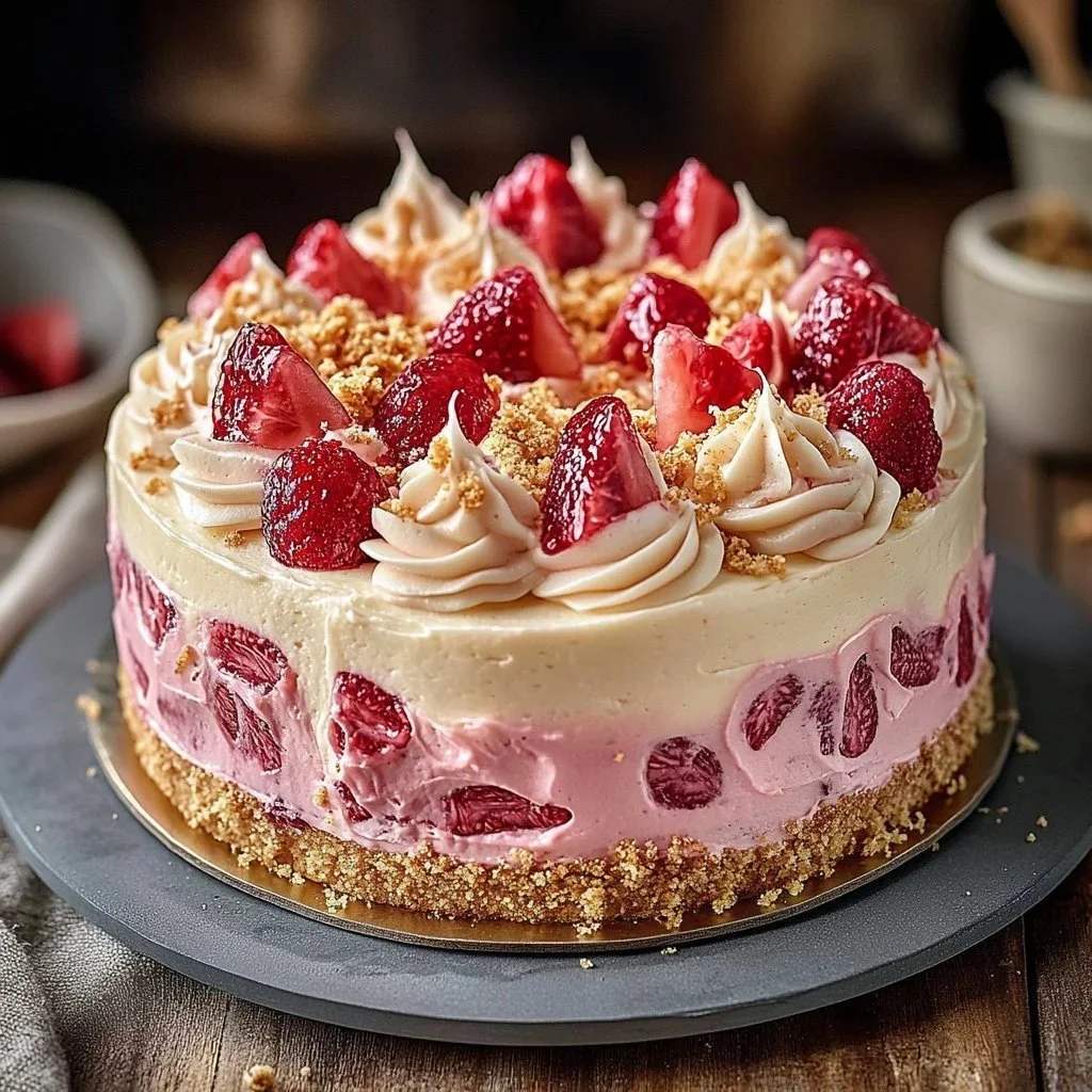 Rhubarb Ginger Nut Cheesecake slice on a plate with garnish