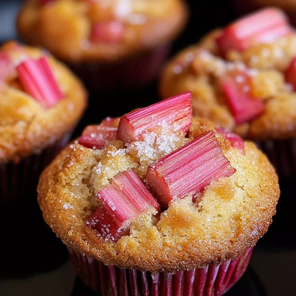 Freshly baked rhubarb muffins with a golden crust and vibrant rhubarb pieces