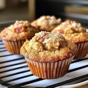 Freshly baked rhubarb muffins topped with crumble, ideal for breakfast or snack.