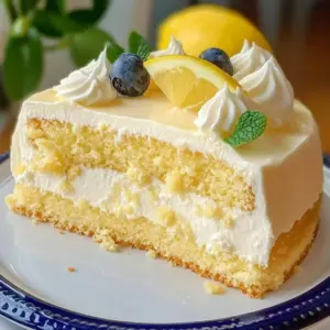 Rich moist lemon cheesecake cake topped with fresh lemon slices and creamy frosting.