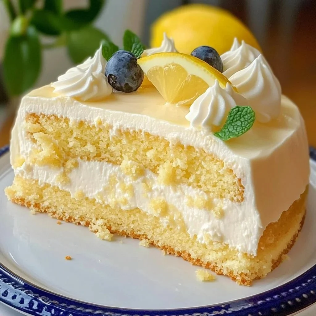 Rich moist lemon cheesecake cake topped with fresh lemon slices and creamy frosting.