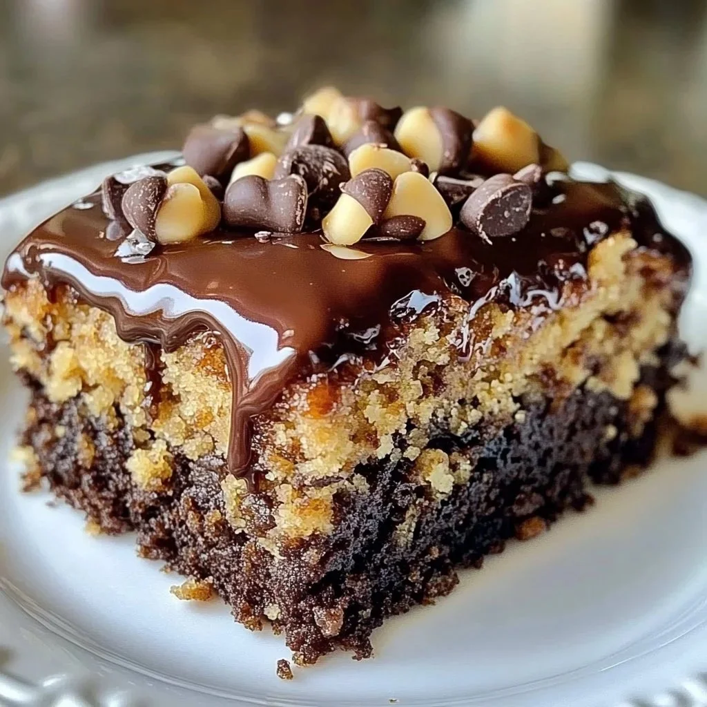 Delicious rich poke cake topped with German chocolate frosting.