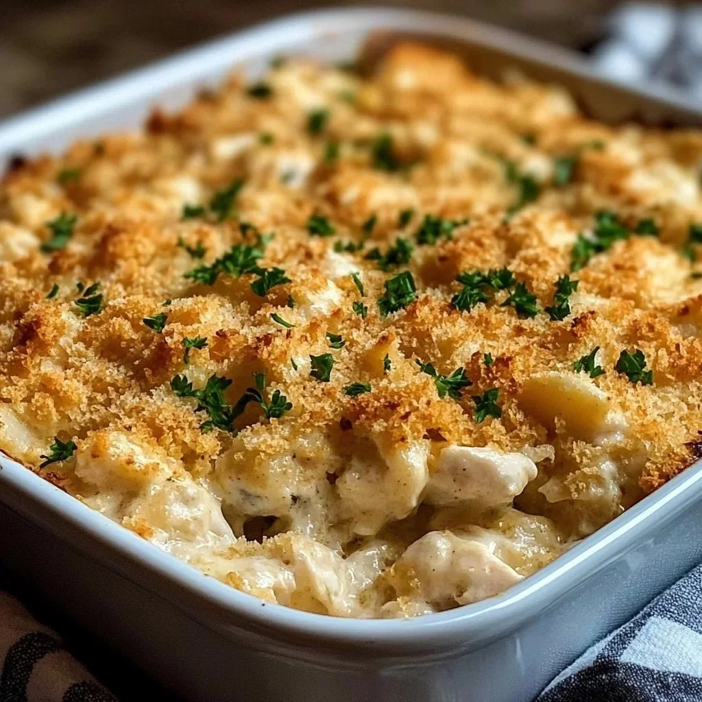 Baked chicken topped with crushed Ritz crackers served on a plate