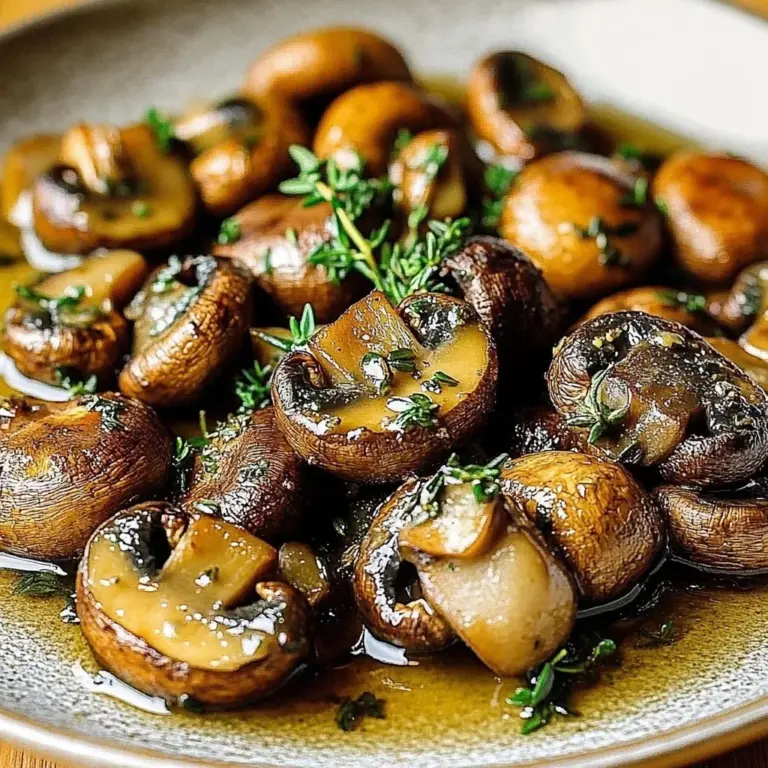 Plate of roasted browned butter garlic thyme mushrooms garnished with fresh herbs