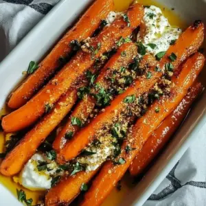 Roasted carrots topped with ricotta and honey served on a plate.