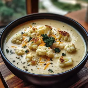 Bowl of roasted garlic cheddar cauliflower soup garnished with herbs