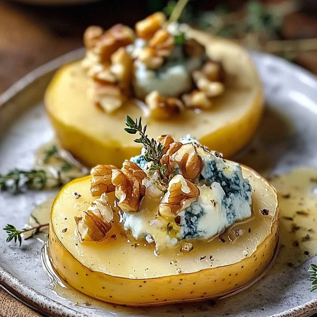 Plate of roasted pears with blue cheese, walnuts, and honey drizzled on top.