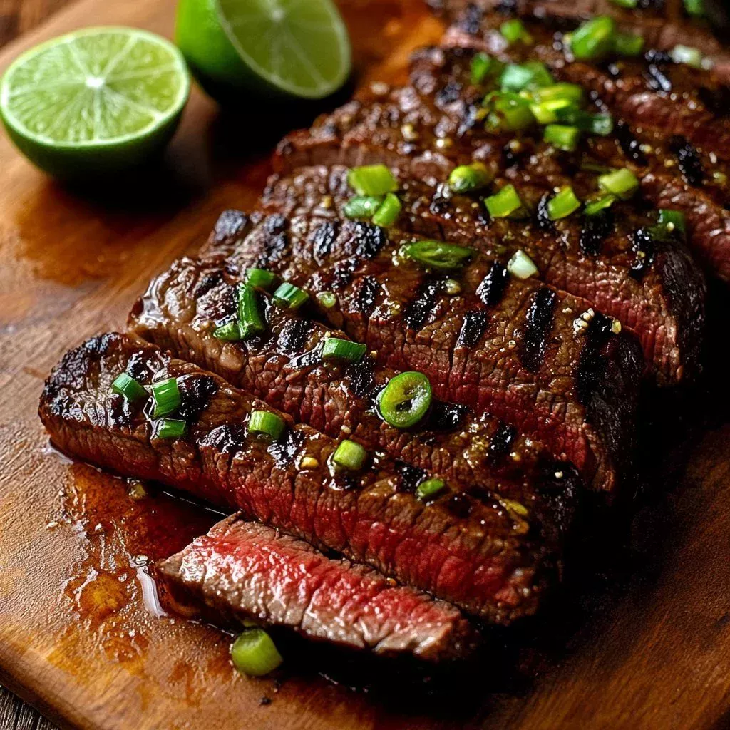 Romantic chili lime flank steak served on a plate with fresh garnishes