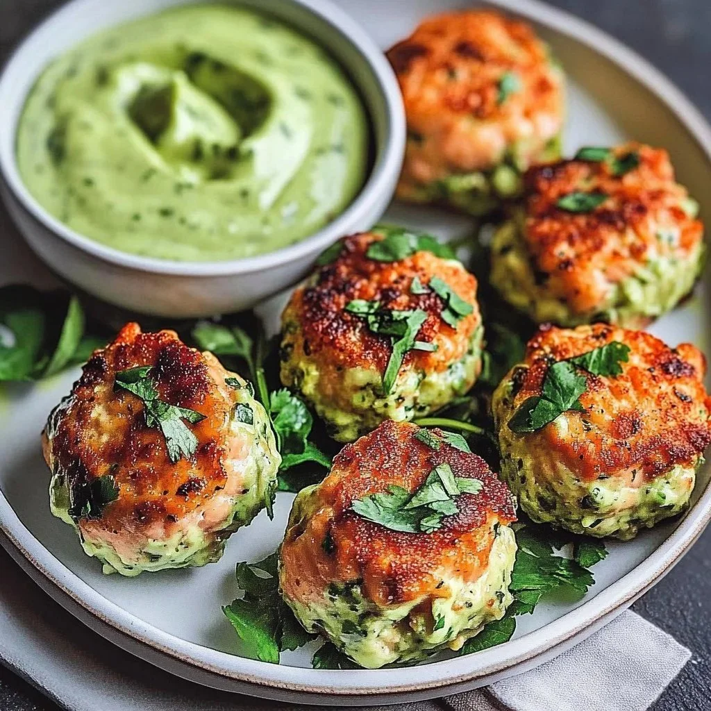 Plate of salmon meatballs drizzled with creamy avocado sauce