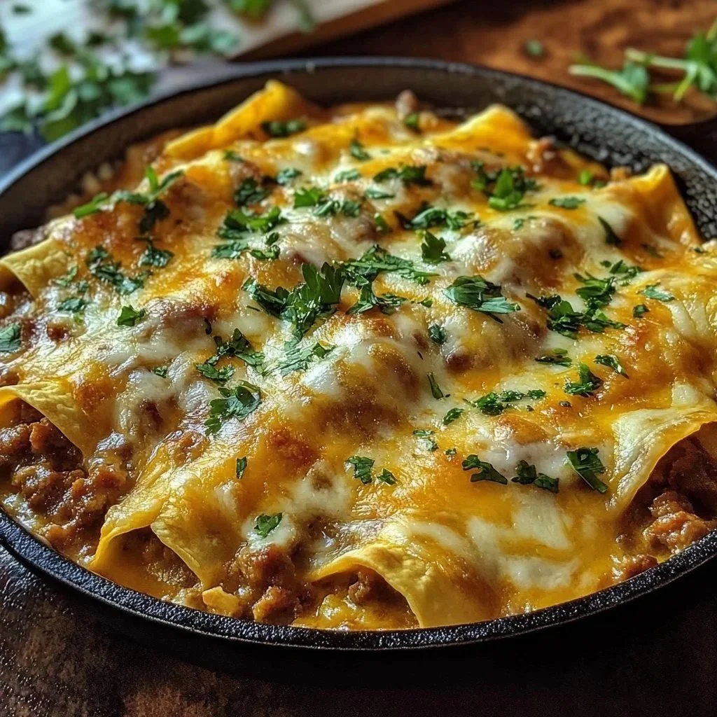 Sausage gravy breakfast enchiladas topped with cheese and herbs