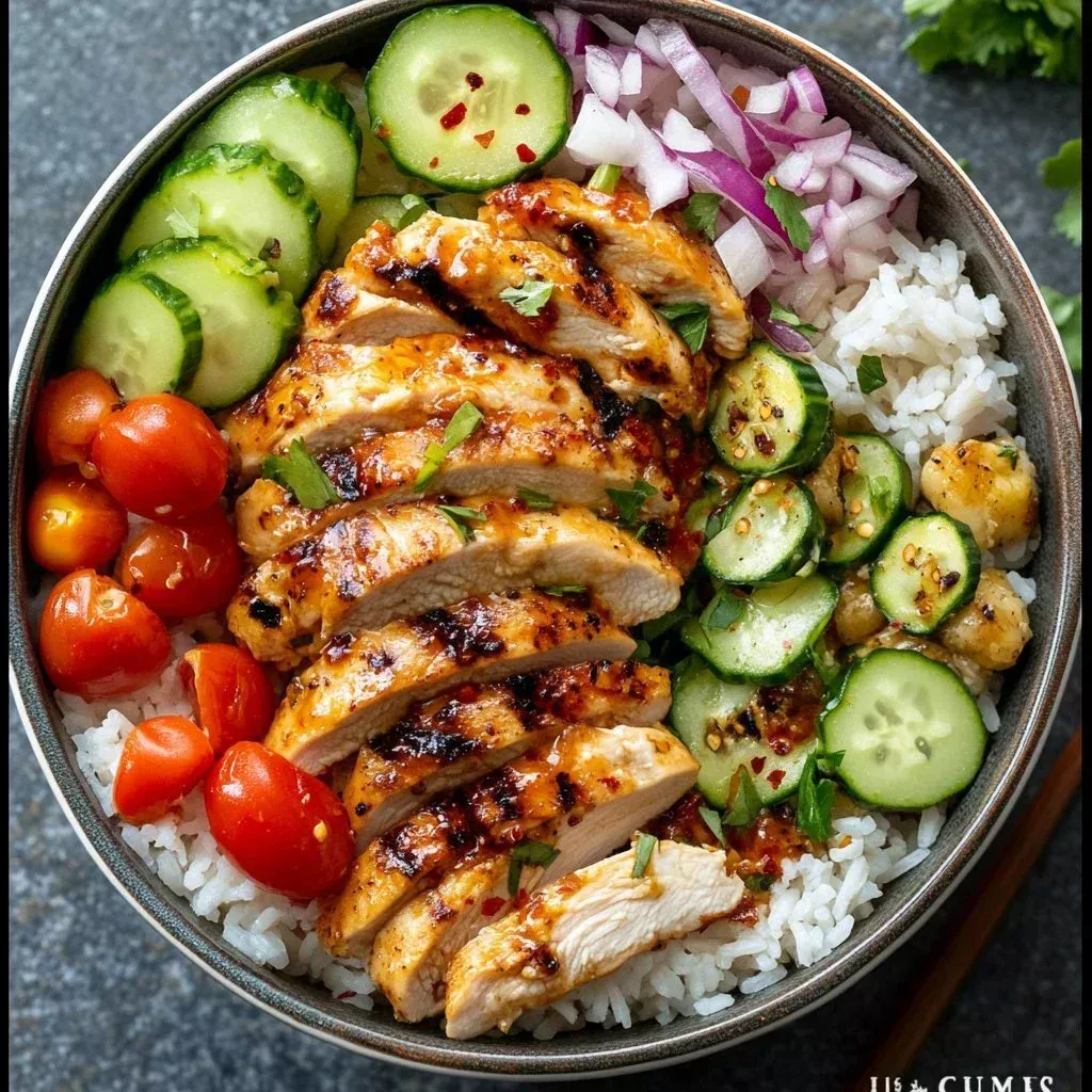 Delicious and savory chicken rice bowls with fresh ingredients and vibrant colors