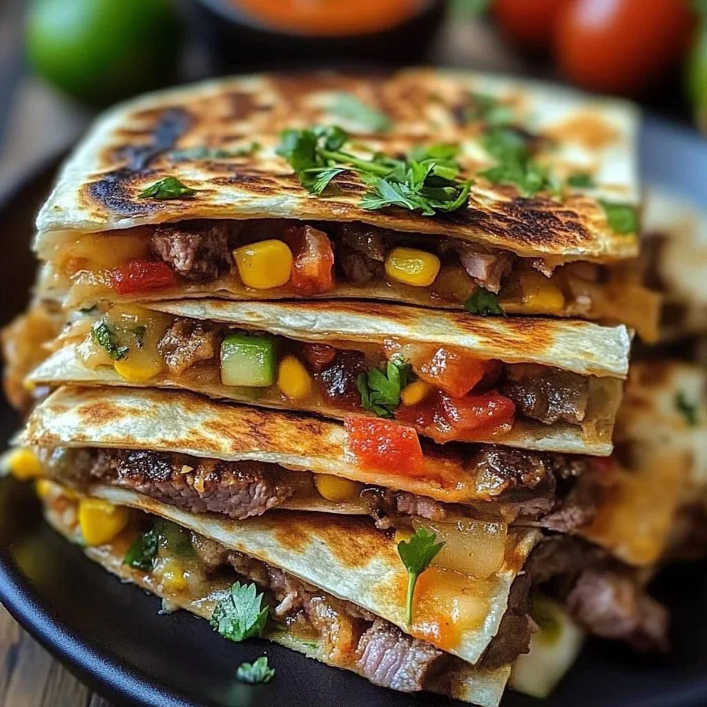 Delicious savory steak quesadillas served with salsa and sour cream