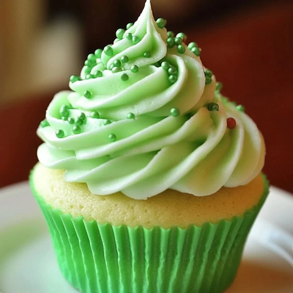 Delicious Shamrock Shake Cupcake topped with green frosting and sprinkles