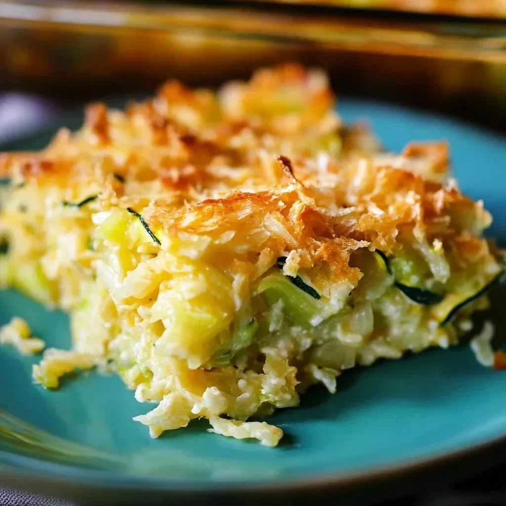 Shredded Zucchini Casserole served in a dish with a golden top and fresh herbs