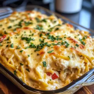 Baked chicken spaghetti with creamy sauce and cheese in a casserole dish