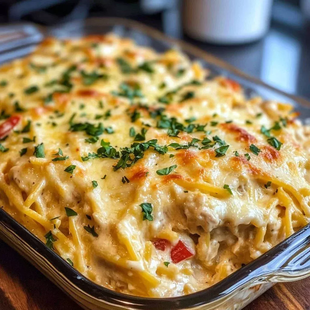 Baked chicken spaghetti with creamy sauce and cheese in a casserole dish
