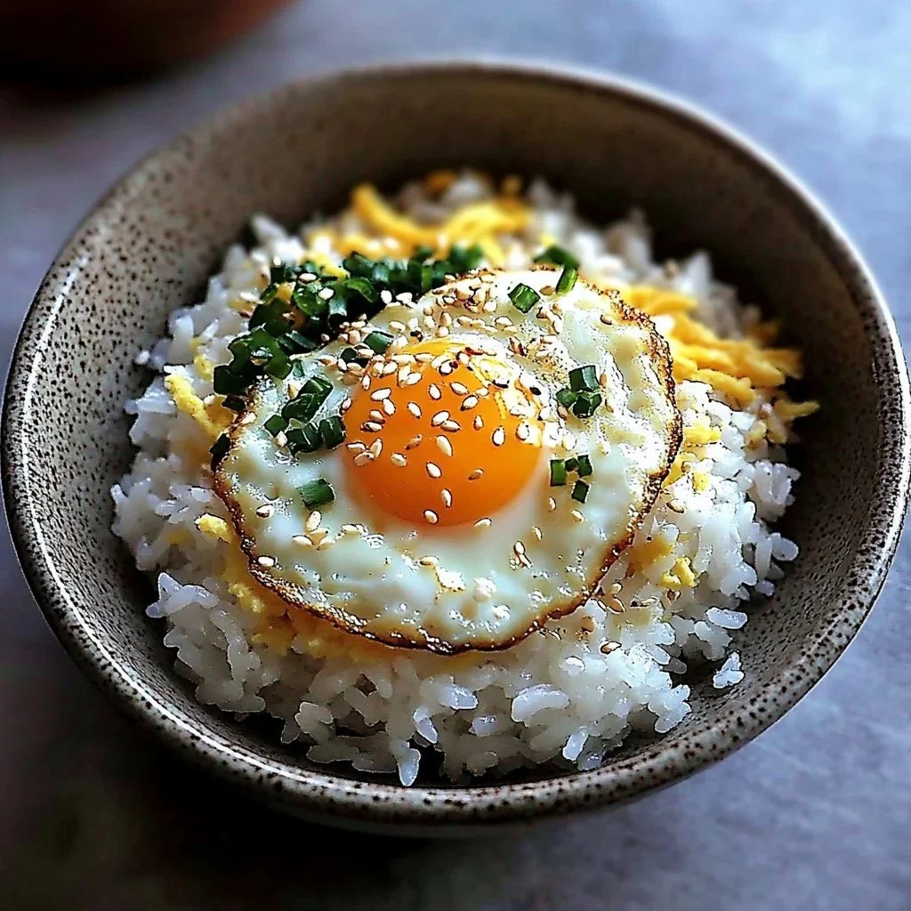 A bowl of simple egg rice garnished with green onions