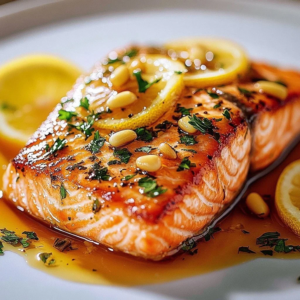 Easy and delicious oven baked salmon dish served with fresh herbs.