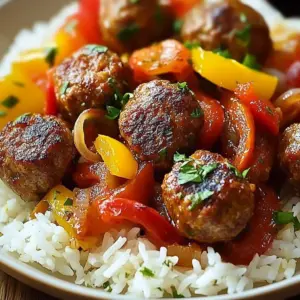 Sizzling sausage and rice dish garnished with fresh herbs and spices