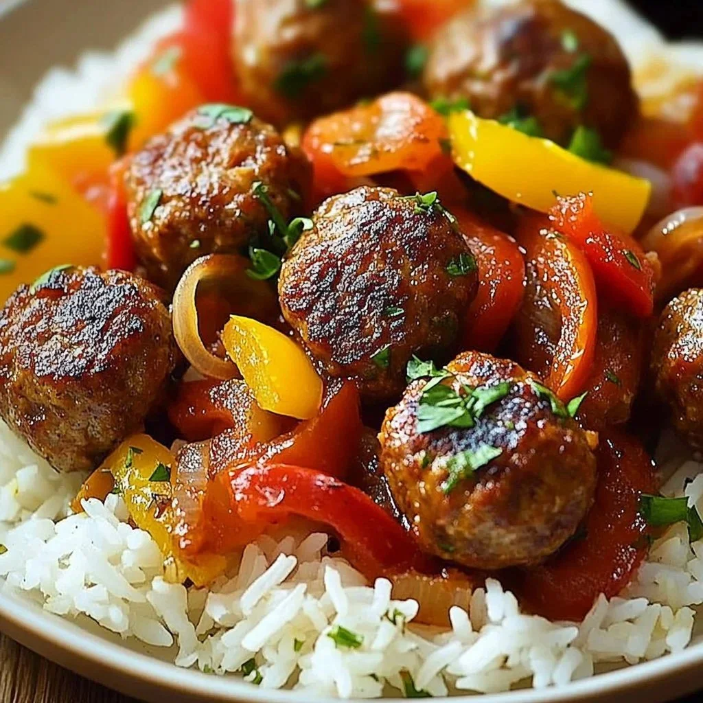Sizzling sausage and rice dish garnished with fresh herbs and spices