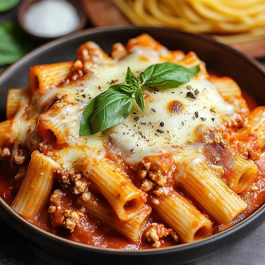 Skillet Chicken Parmesan Pasta dish topped with cheese and fresh herbs