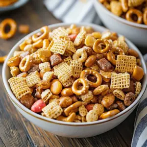 Bowl of Slow Cooker Chex Mix with various crunchy snacks