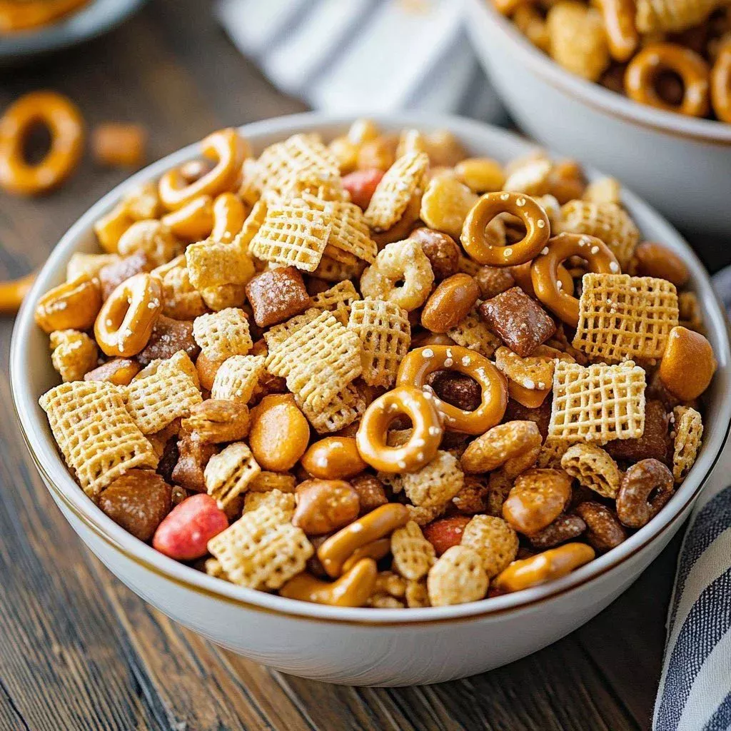 Bowl of Slow Cooker Chex Mix with various crunchy snacks