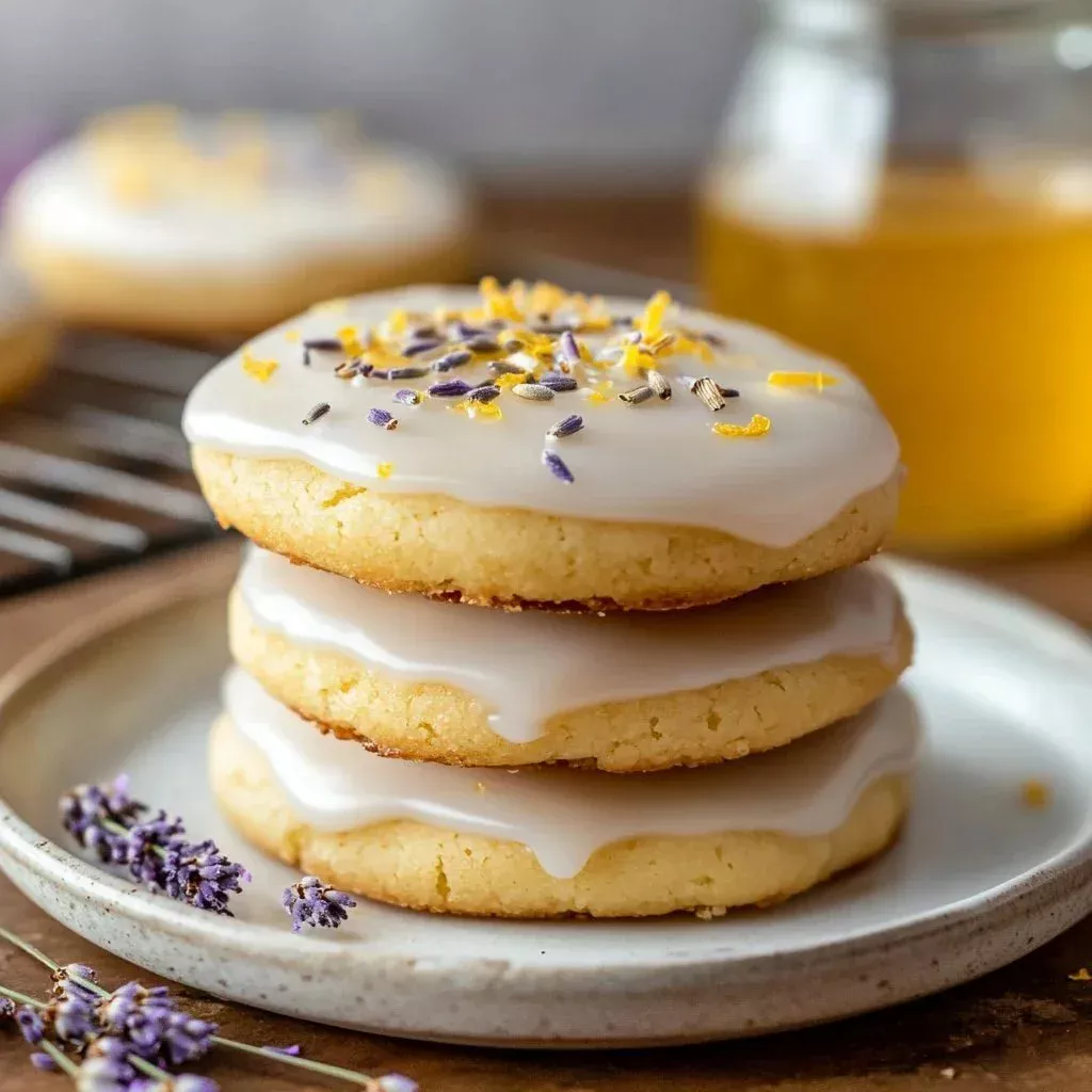 Soft lemon cookies topped with lavender glaze on a plate