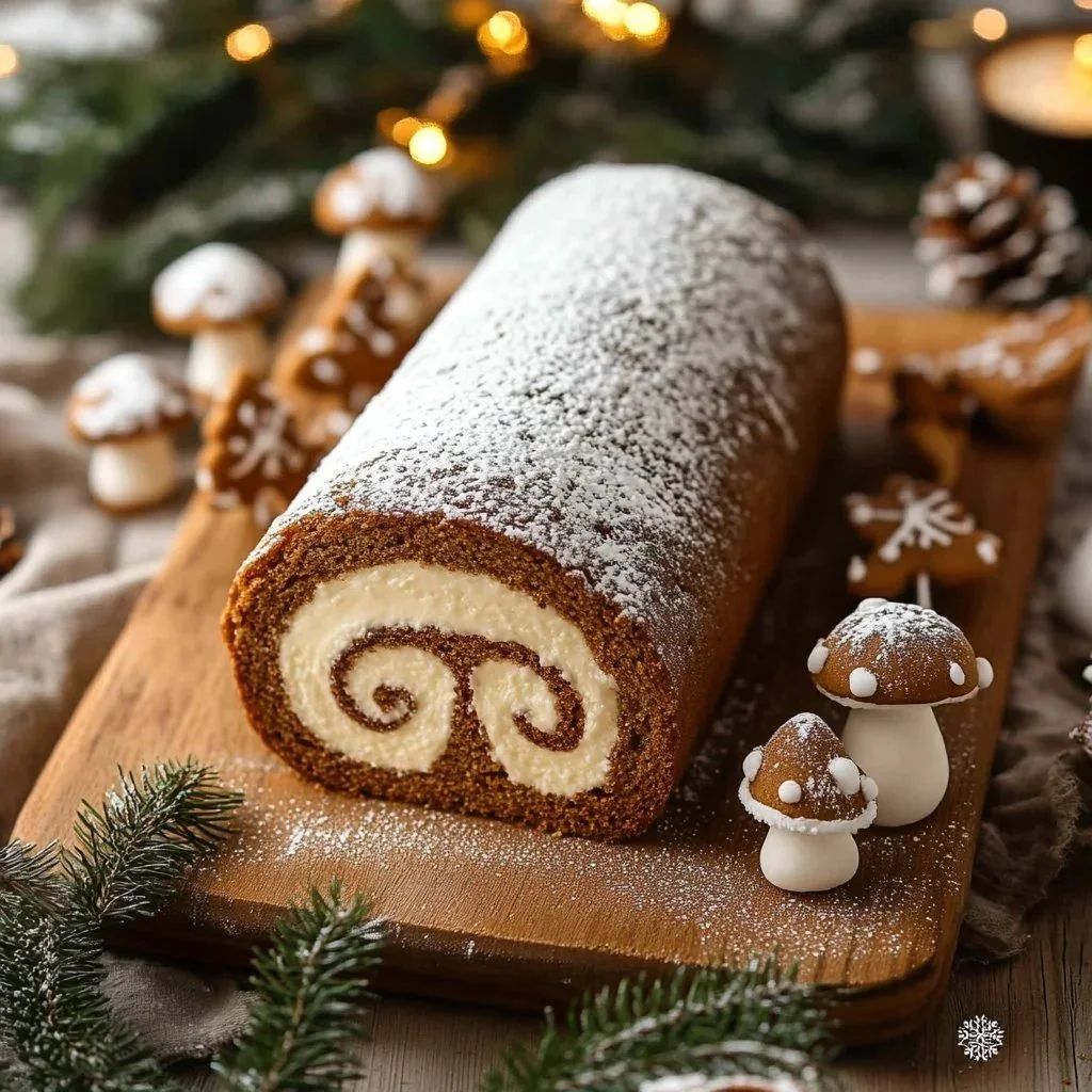 Slice of spiced gingerbread swiss roll with icing and festive decorations